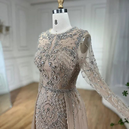 Serene Hill Muslim Silver Nude Mermaid Gown with Detachable Overskirt Beaded Evening Dress for Women Wedding Party 2025 LA71919