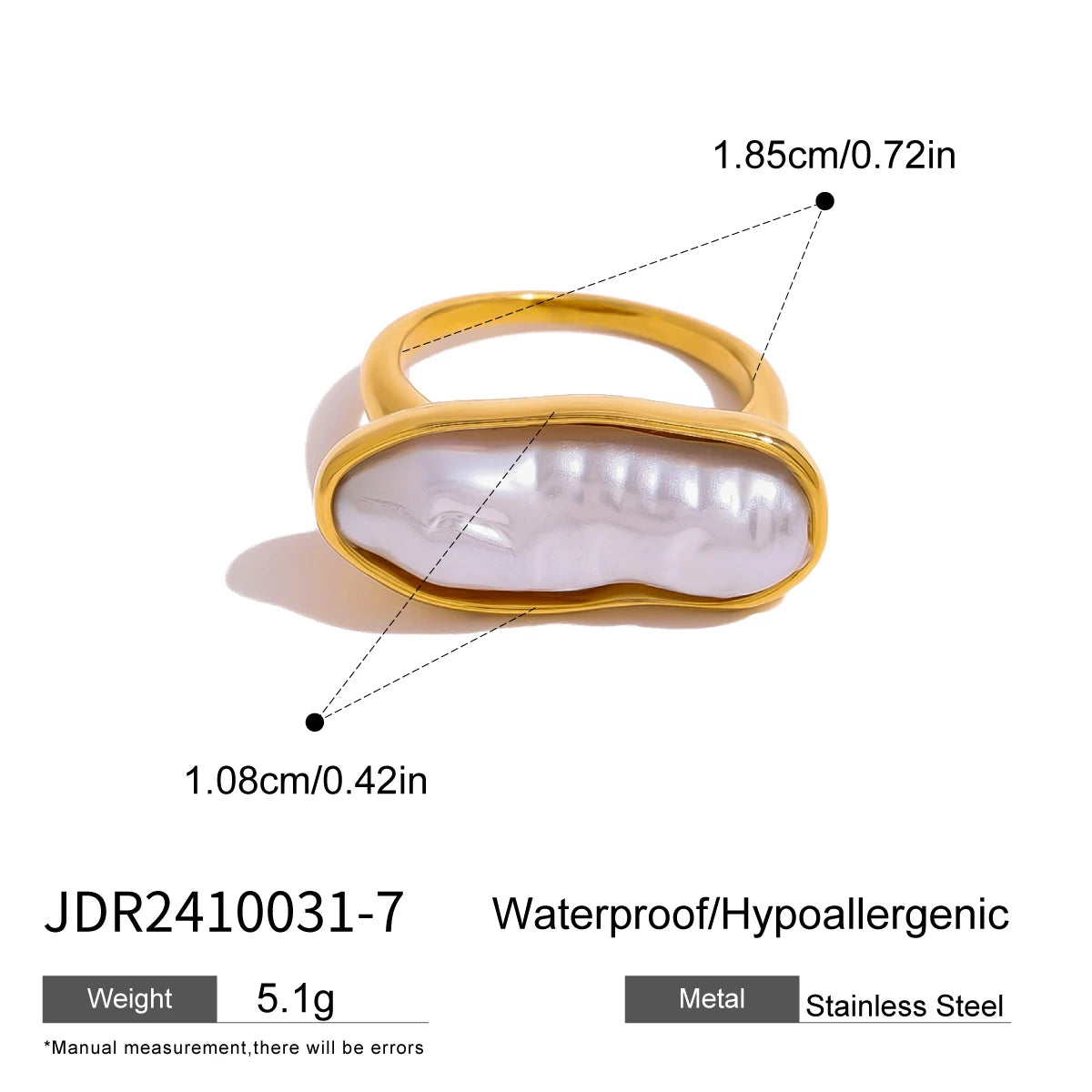 Uworld 18K Gold Color Plated Stainless Steel Flower Pearl Ring Irregular Opposite Sex Pearls Stackable Ring Women's Jewelry Part