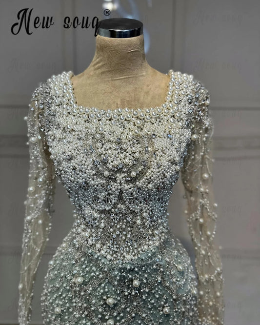 Vestido De Gala Noche Mujer Ivory Pearls Long Sleeve Party Guest Dress For Wedding Muslim Pageant Dinner Prom Gown Customized