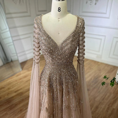 Customized 2025 Arabic Caramel Elegant A-Line Beaded Long Evening Dresses Gowns With Cape Sleeves For Formal Occasio LA72750