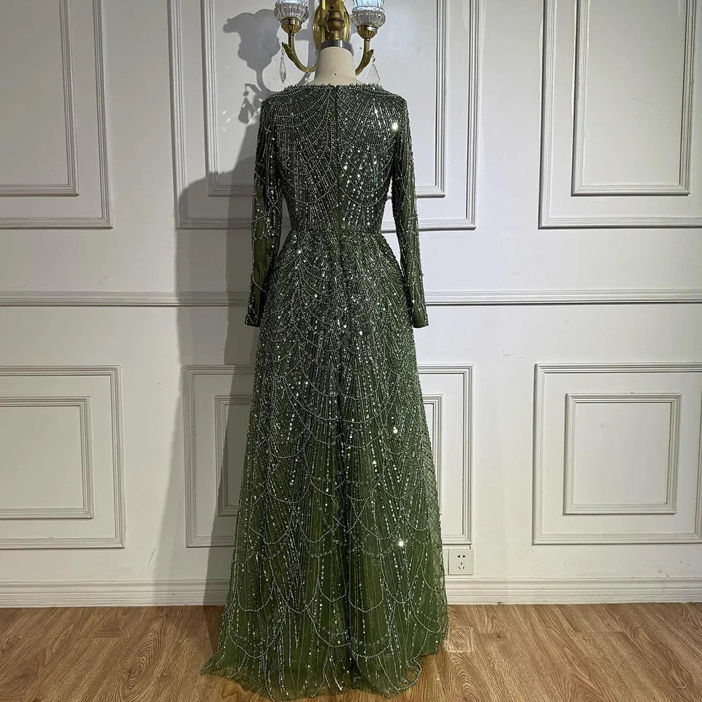 Luxury Olive Green Long Sleeve Beaded A Line Evening Gown for Wedding Party Prom Serene Hill 2025 Customized LA72738B Plus Size