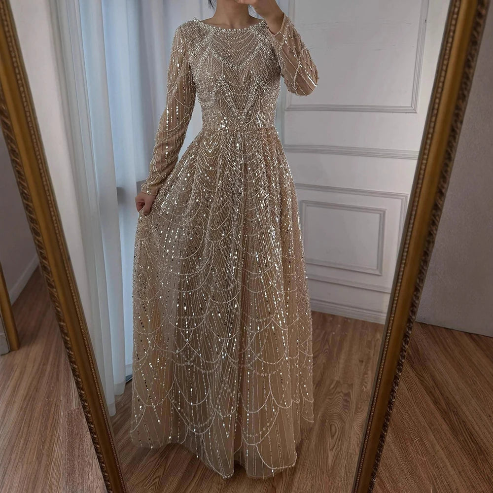 Luxury Olive Green Long Sleeve Beaded A Line Evening Gown for Wedding Party Prom Serene Hill 2025 Customized LA72738B Plus Size