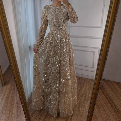 Luxury Olive Green Long Sleeve Beaded A Line Evening Gown for Wedding Party Prom Serene Hill 2025 Customized LA72738B Plus Size
