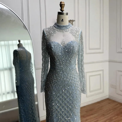 Luxury Caramel Beaded Evening Dress with High Neck Long Sleeves Mermaid Gown Serene Hill 2025 Customized LA71747A