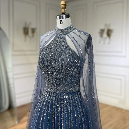 Serene Hill Arabic Turquoise A Line Cape Sleeve Beaded   Evening Dresses Gowns For Occasion 2025 LA72306A Customized