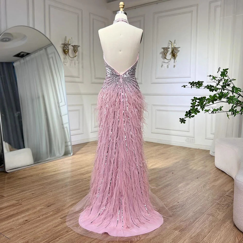 Serene Hill Dubai Halter Beige  Feathers Beaded Formal Luxury Mermaid Evening Dresses For Women Wedding Party 2025 LA70623A