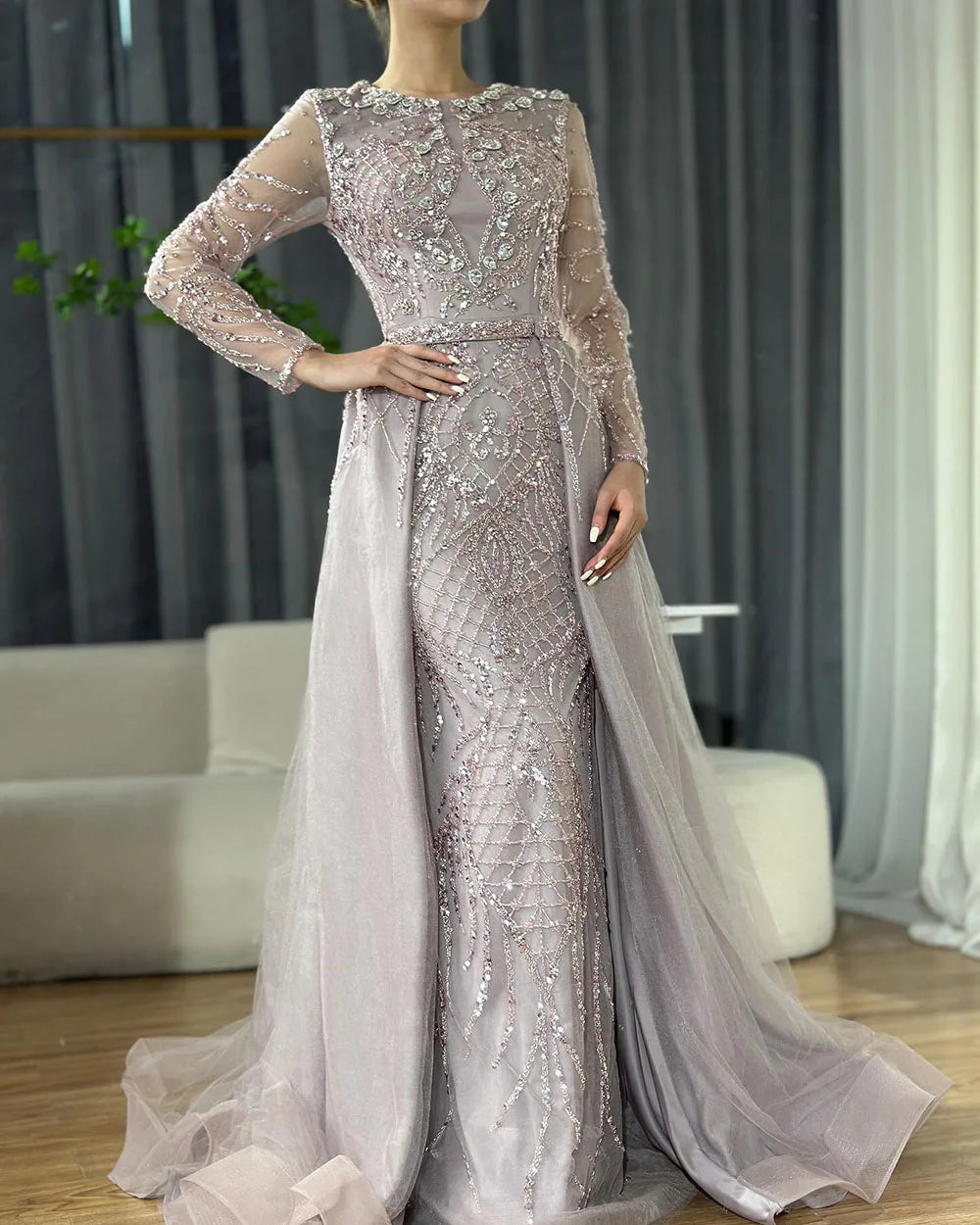 Serene Hill Muslim Silver Nude Mermaid Gown with Detachable Overskirt Beaded Evening Dress for Women Wedding Party 2025 LA71919