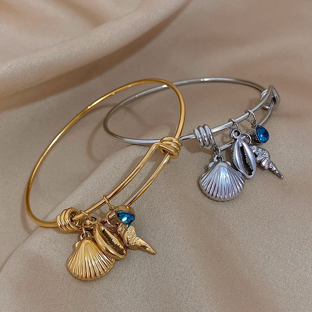 Greatera Gold Color Conch Shell Charm Stainless Steel Adjustable Bracelets Bangles for Women Ocean Animal Bracelet Beach Jewelry