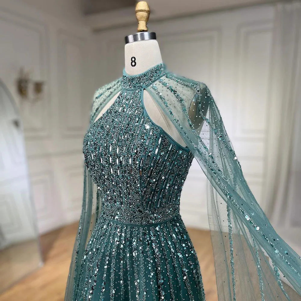 Serene Hill Arabic Turquoise A Line Cape Sleeve Beaded   Evening Dresses Gowns For Occasion 2025 LA72306A Customized
