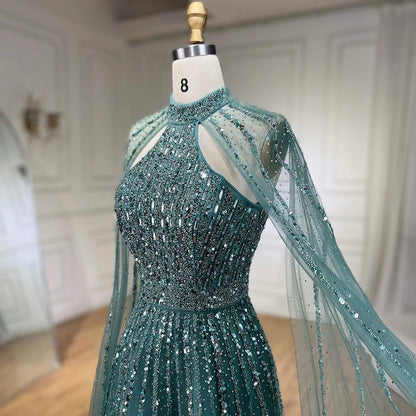Serene Hill Arabic Turquoise A Line Cape Sleeve Beaded   Evening Dresses Gowns For Occasion 2025 LA72306A Customized