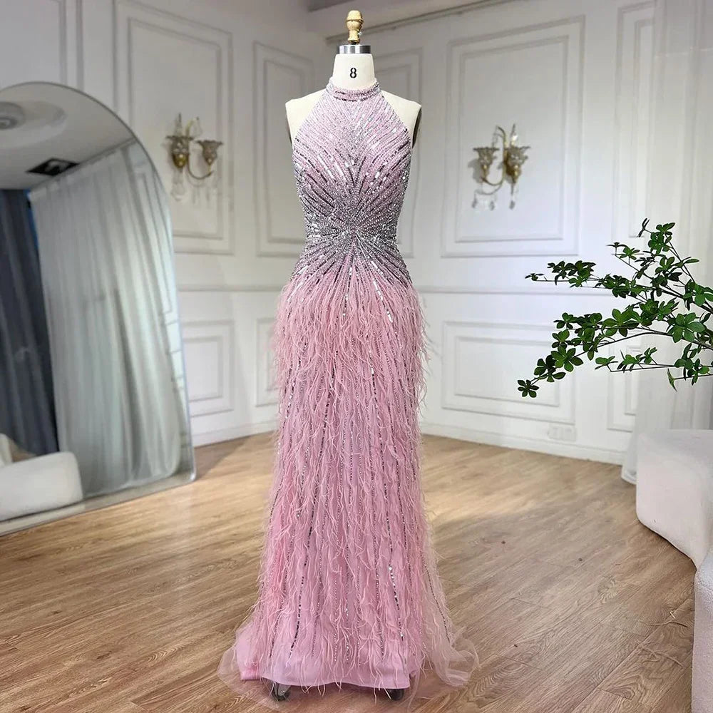 Serene Hill Dubai Halter Beige  Feathers Beaded Formal Luxury Mermaid Evening Dresses For Women Wedding Party 2025 LA70623A
