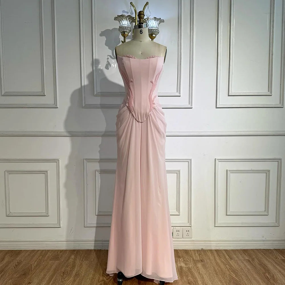 Serene Hill 2025 Customized Pink Strapless Draped Satin Evening Dress with Rose Neck Detail for Formal Party LA72946