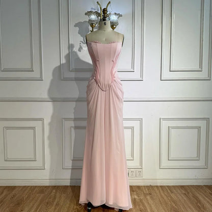Serene Hill 2025 Customized Pink Strapless Draped Satin Evening Dress with Rose Neck Detail for Formal Party LA72946