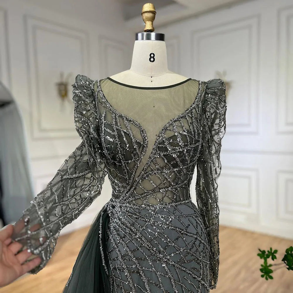 Serene Hill Muslim Gold Mermaid Beaded  Dubai Evening Dresses Gowns With Overskirt 2025 For  Party LA72206 Customized