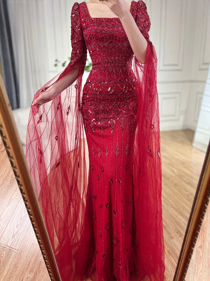 2025 Caramel With Beaded Cape Sleeves Design Mermaid Long Evening Dresses Gowns For Women's Wedding Party LA72355A Customized