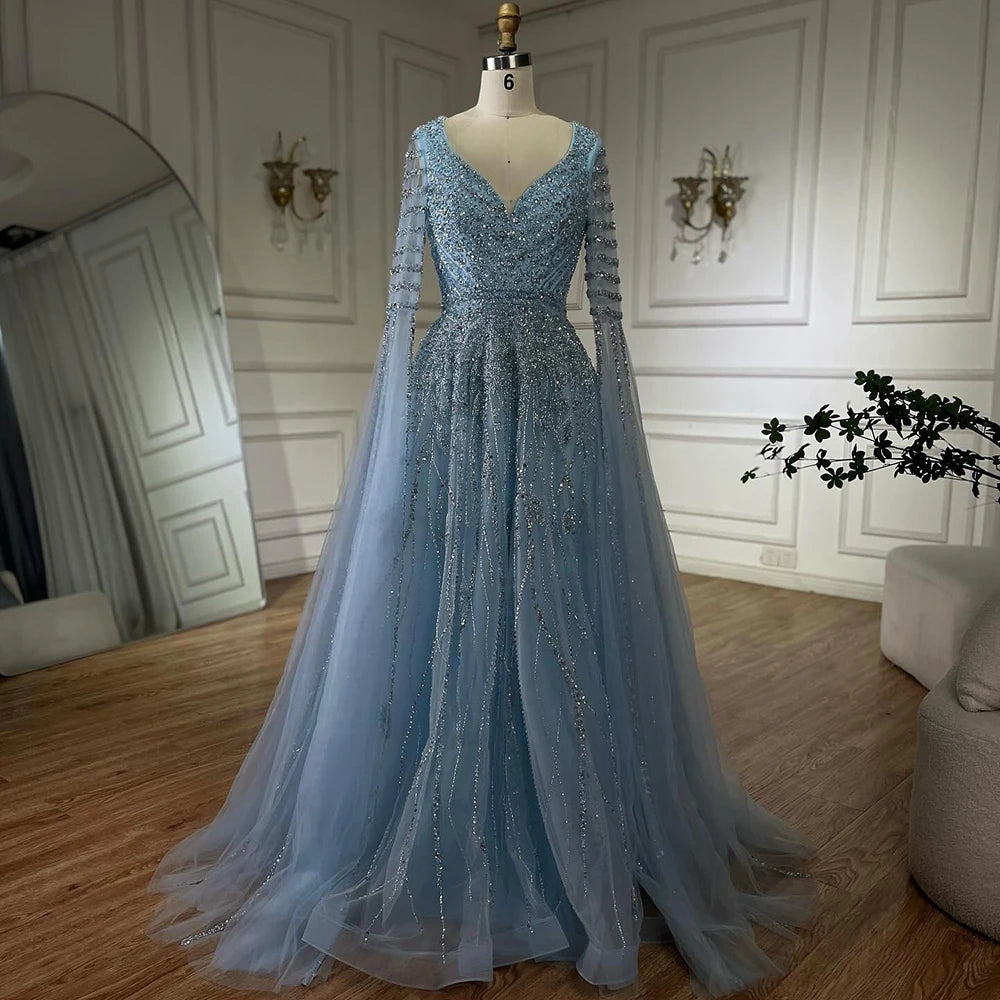 Customized 2025 Arabic Caramel Elegant A-Line Beaded Long Evening Dresses Gowns With Cape Sleeves For Formal Occasio LA72750
