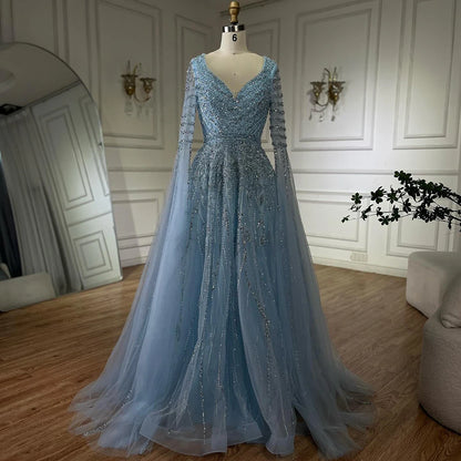 Customized 2025 Arabic Caramel Elegant A-Line Beaded Long Evening Dresses Gowns With Cape Sleeves For Formal Occasio LA72750