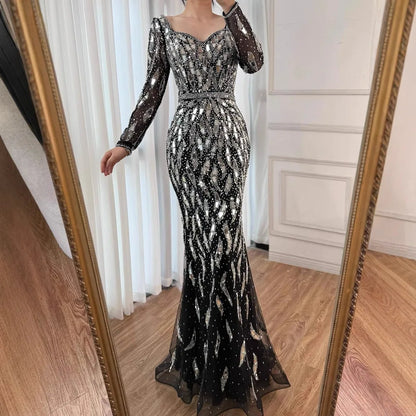 Luxury Black Silver Long Sleeve Evening Dress with Sequins Elegant Mermaid Gown for Women 2025 Serene Hill Customized LA73113