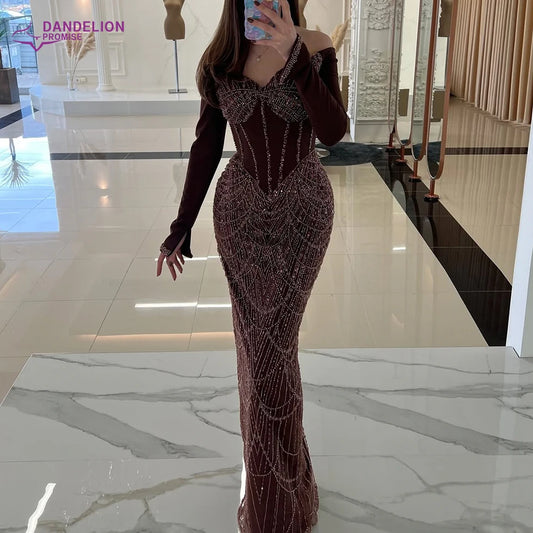 Elegant Dubai Mermaid Evening Dress 2025 for Women Luxury Off the Shoulder Long Sleeves Pearls Formal Prom Wedding Party Gowns