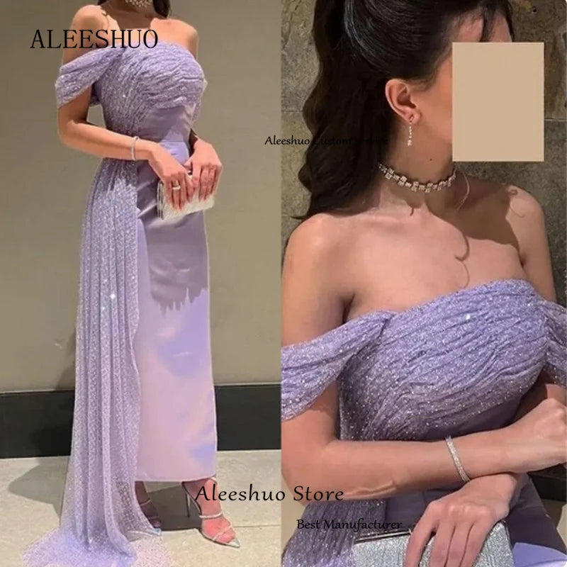 Aleeshuo Lilac Saudi Arabia Mermaid Evening Dress Off The Shoulder Sequined Formal Prom Gowns Special Occasion Dress Customized