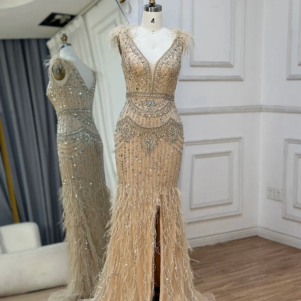 Serene Hill 2025 Arabic Blue Split Mermaid Beaded Feathers Long Evening Dresses Gowns For Occasion LA72742 Customized
