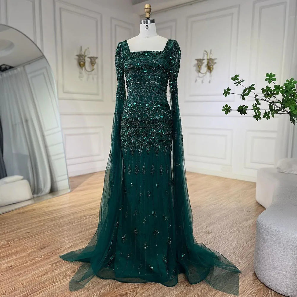 2025 Caramel With Beaded Cape Sleeves Design Mermaid Long Evening Dresses Gowns For Women's Wedding Party LA72355A Customized