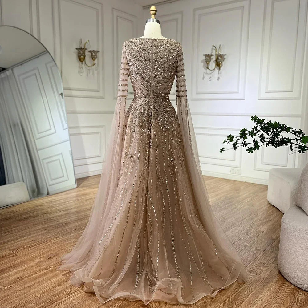 Customized 2025 Arabic Caramel Elegant A-Line Beaded Long Evening Dresses Gowns With Cape Sleeves For Formal Occasio LA72750