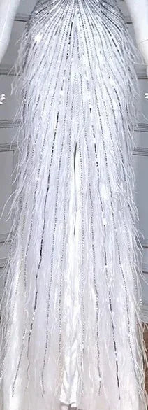 Serene Hill Dubai Halter Beige  Feathers Beaded Formal Luxury Mermaid Evening Dresses For Women Wedding Party 2025 LA70623A