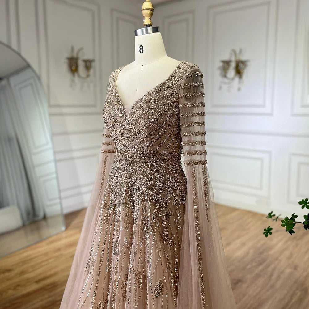 Customized 2025 Arabic Caramel Elegant A-Line Beaded Long Evening Dresses Gowns With Cape Sleeves For Formal Occasio LA72750