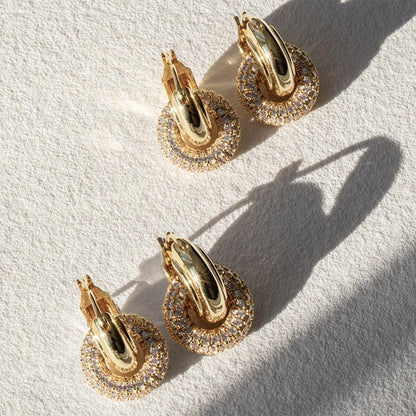 Punk Circle Pendant Shiny Rhinestone Stainless Steel Drop Earrings Bilayer Oval Round Rust Proof Party Zircon Huggie Jewelry New