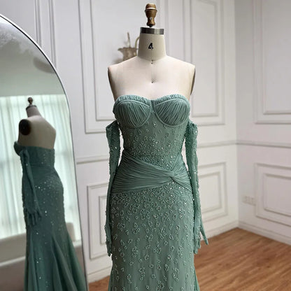 Turquoise Strapless Beaded Mermaid Evening Dress with Gloves Prom Gown Serene Hill 2025 Customized LA72933