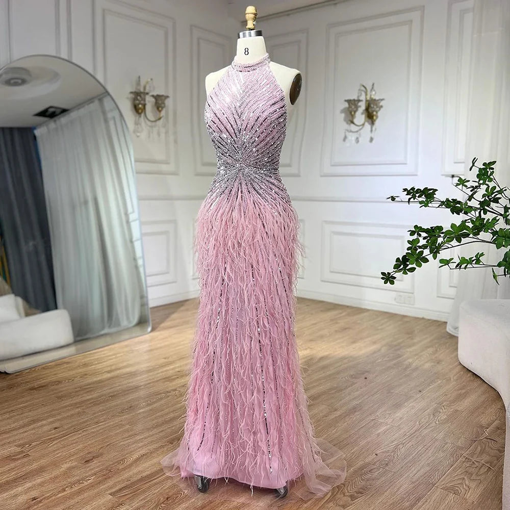 Serene Hill Dubai Halter Beige  Feathers Beaded Formal Luxury Mermaid Evening Dresses For Women Wedding Party 2025 LA70623A