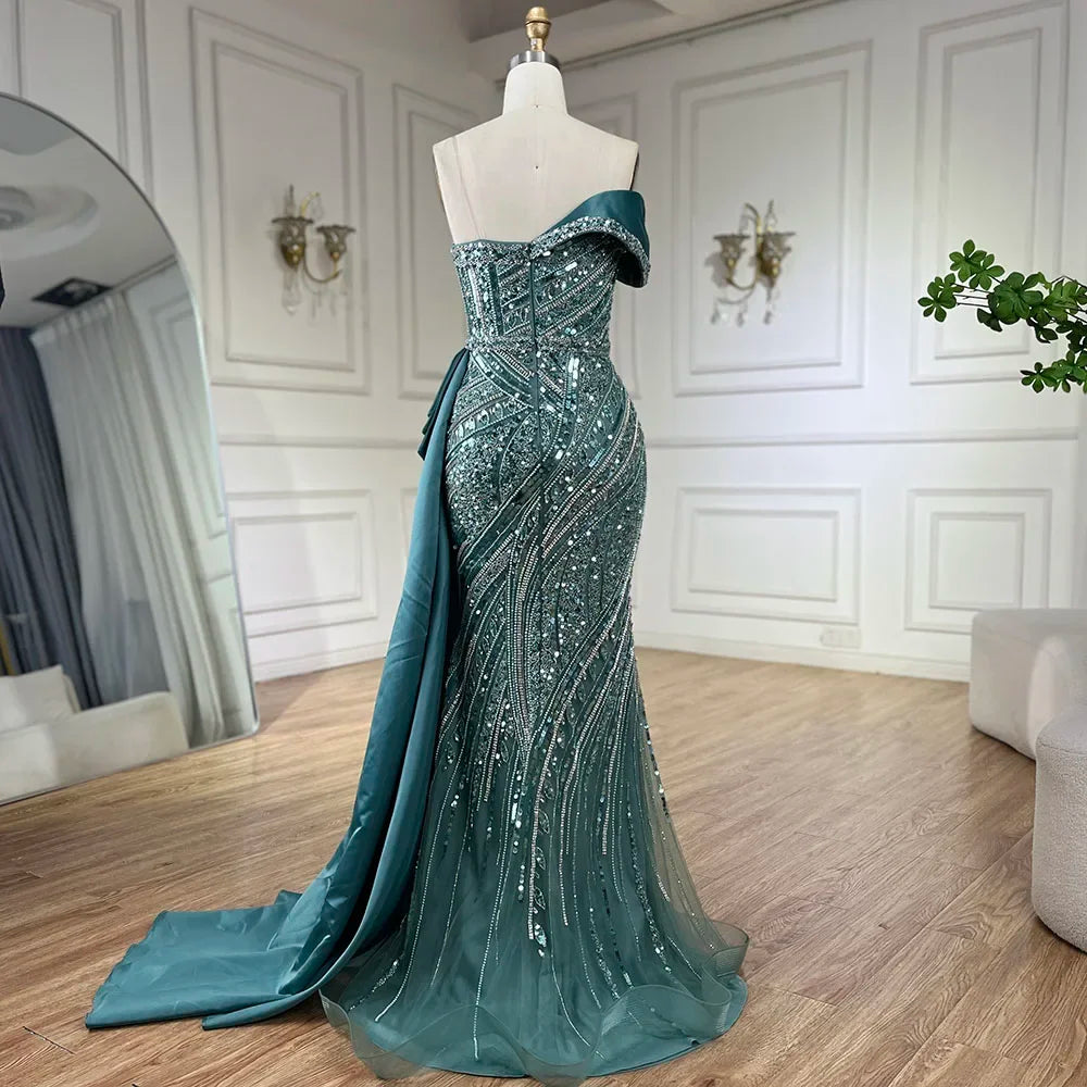 2025 Arabic Turquoise Beaded Evening Dresses  Dubai Elegant One Shoulder  Wedding Party Gowns LA72335  Customized