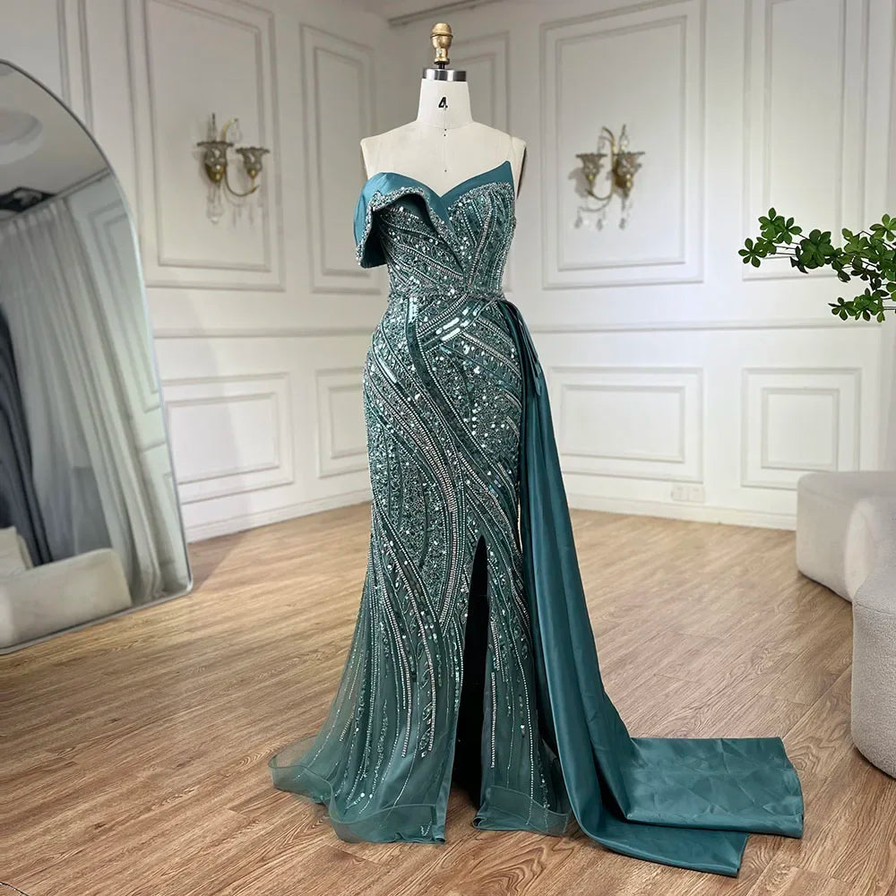 2025 Arabic Turquoise Beaded Evening Dresses  Dubai Elegant One Shoulder  Wedding Party Gowns LA72335  Customized