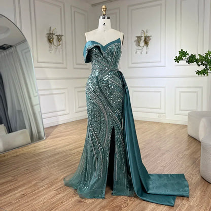 2025 Arabic Turquoise Beaded Evening Dresses  Dubai Elegant One Shoulder  Wedding Party Gowns LA72335  Customized