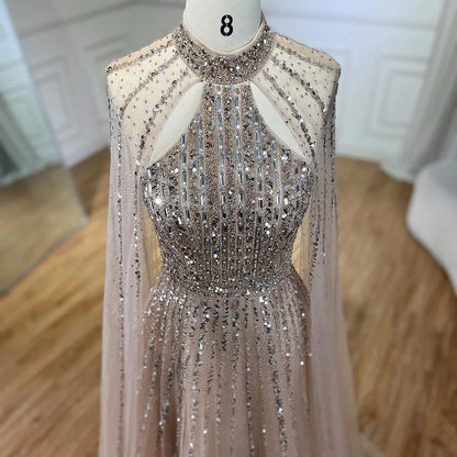 Serene Hill Arabic Turquoise A Line Cape Sleeve Beaded   Evening Dresses Gowns For Occasion 2025 LA72306A Customized