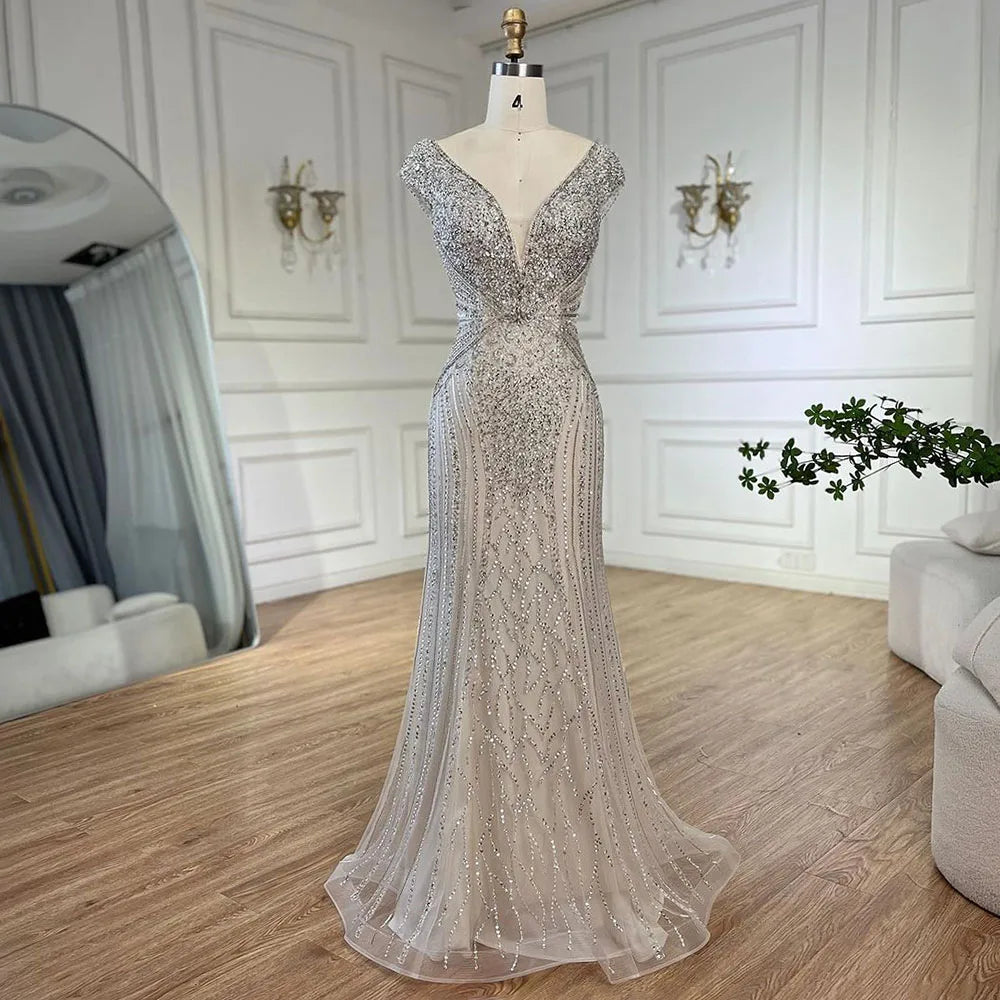Customized Dubai Caramel Elegant Sleeveles Mermaid Beaded Arabic Evening Dresses Gowns For Women Wedding Party 2025 LA72456