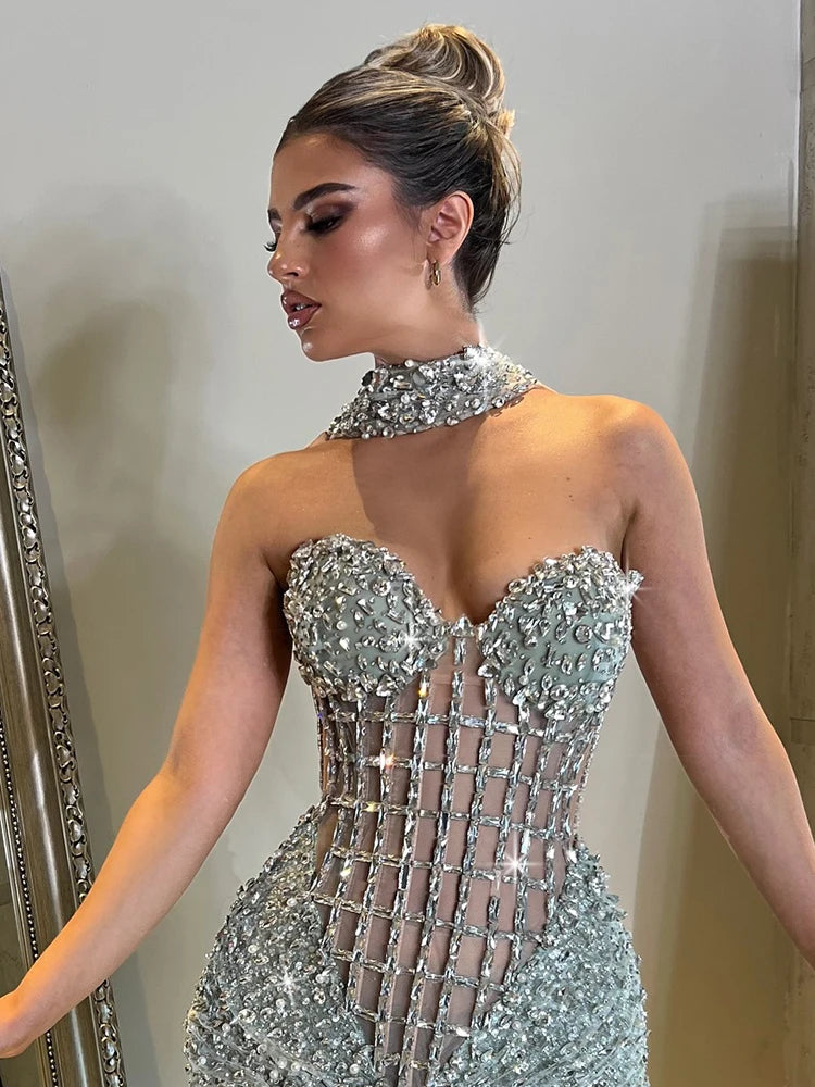 VC Glamorous Silver Sequin Sleeveless Strapless Mermaid Dress for Galas Party Wedding Evening Gown