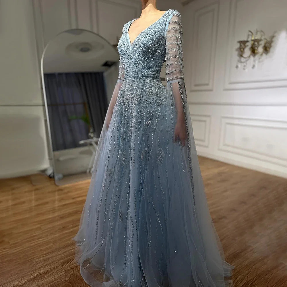 Customized 2025 Arabic Caramel Elegant A-Line Beaded Long Evening Dresses Gowns With Cape Sleeves For Formal Occasio LA72750