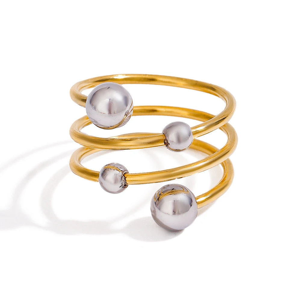 Gold Silver Color Matching Ball Three layer Opening Ring 18K PVD Plated Women Anti Allergic Metal Charm Daily Jewelry