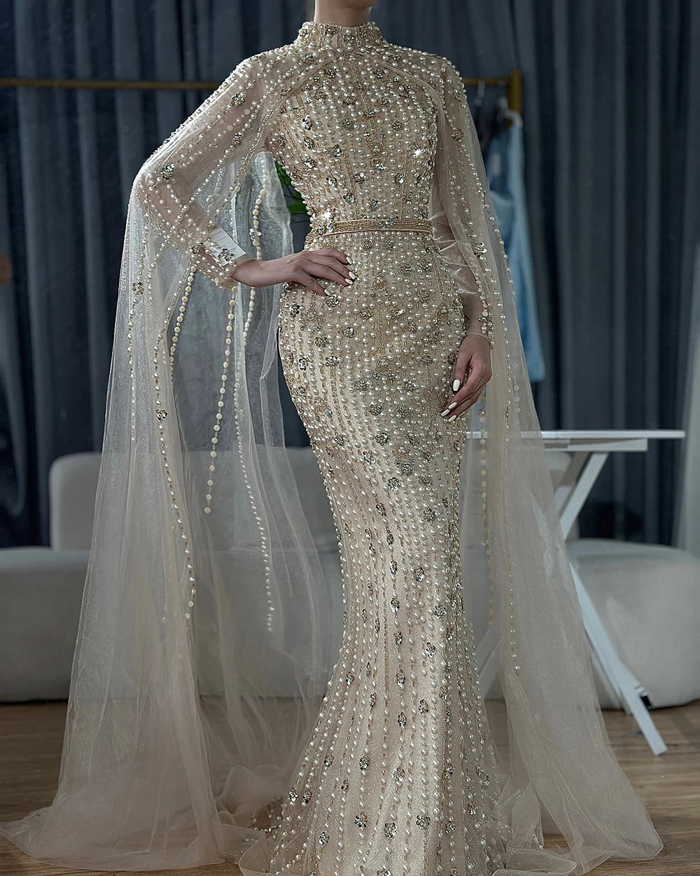 Muslim Nude Mermaid Cape Sleeves Pearls Beaded Luxury Dubai Evening Dresses Gowns 2025 Wedding Party LA72372 Customized