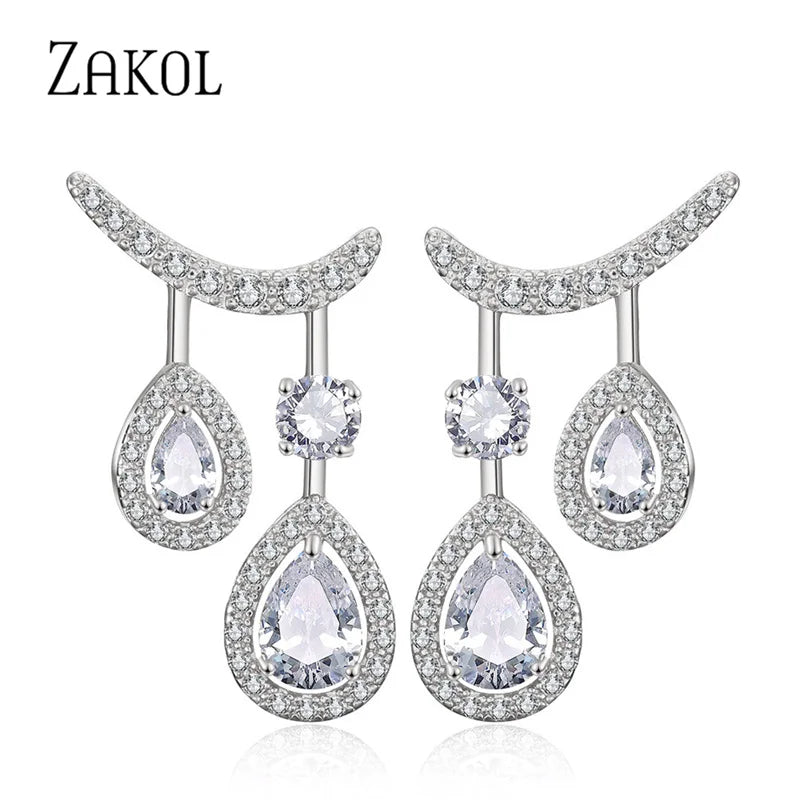 ZAKOL Personality Cubic Zirconia Double Drop Dangle Earrings for Women Wedding Dinner Anniversary Birthday Gift Jewelry FSEP2388