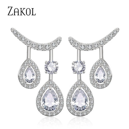 ZAKOL Personality Cubic Zirconia Double Drop Dangle Earrings for Women Wedding Dinner Anniversary Birthday Gift Jewelry FSEP2388
