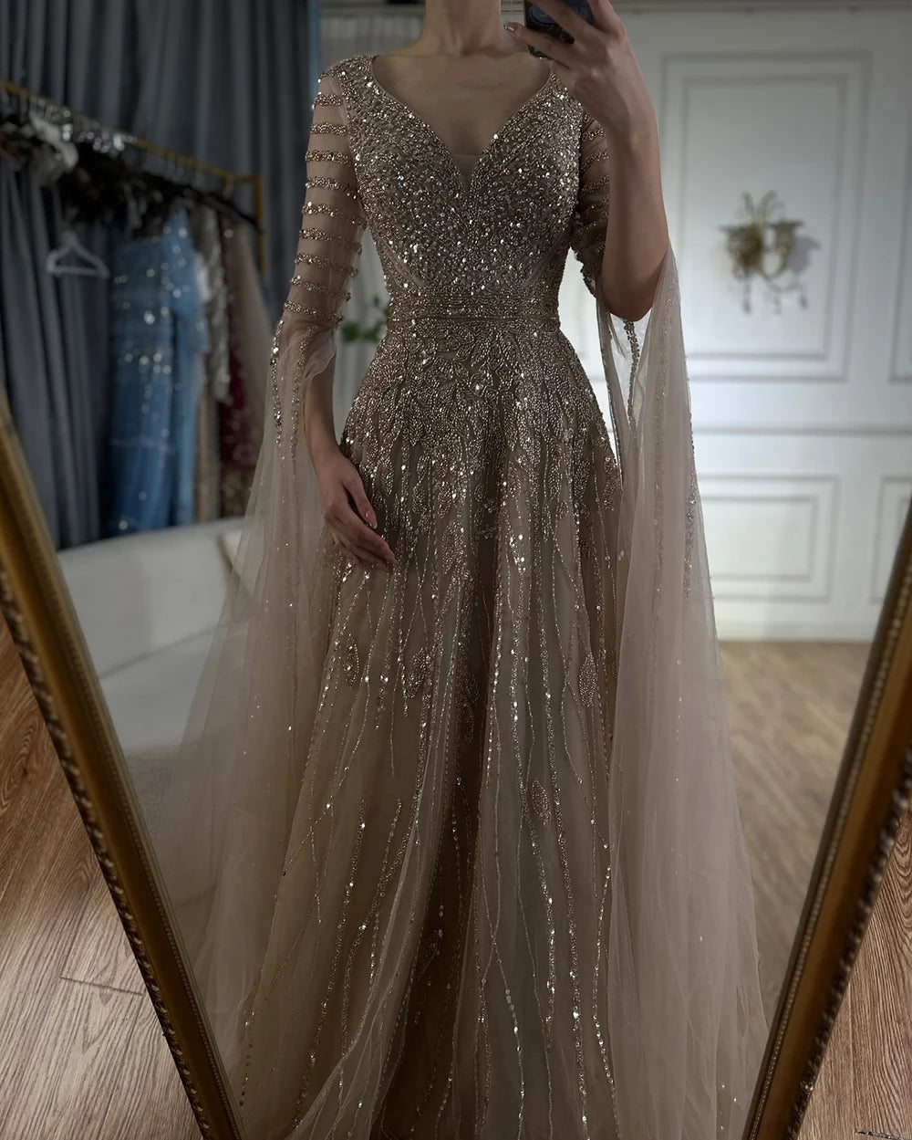 Customized 2025 Arabic Caramel Elegant A-Line Beaded Long Evening Dresses Gowns With Cape Sleeves For Formal Occasio LA72750