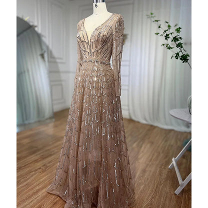 Serene Hill Muslim Designer  Caramel A Line Elegant Beaded Evening Dresses Gowns For Party 2025 LA71940 Customized