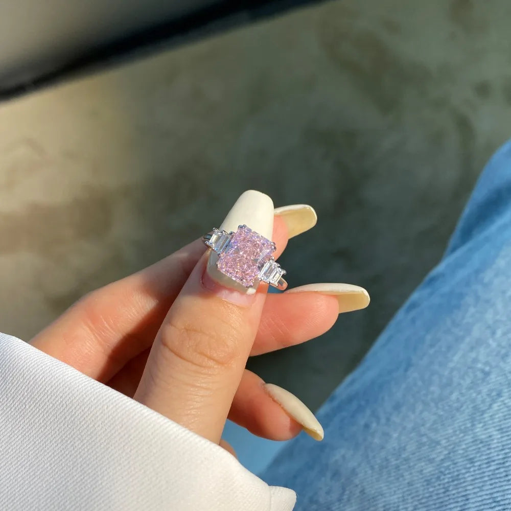 EUREKA 925 Sterling Silver Crushed Ice Cut Lab Pink Sapphire Gemstone Ring For Women Wedding Engagement Jewelry