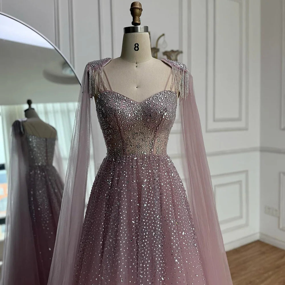 Luxury Pink Tulle Beaded A-Line Evening Dress with Cape Sleeves for Women Prom Serene Hill 2025 Customized Gown LA73072