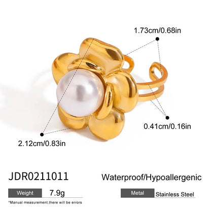 Uworld 18K Gold Color Plated Stainless Steel Flower Pearl Ring Irregular Opposite Sex Pearls Stackable Ring Women's Jewelry Part