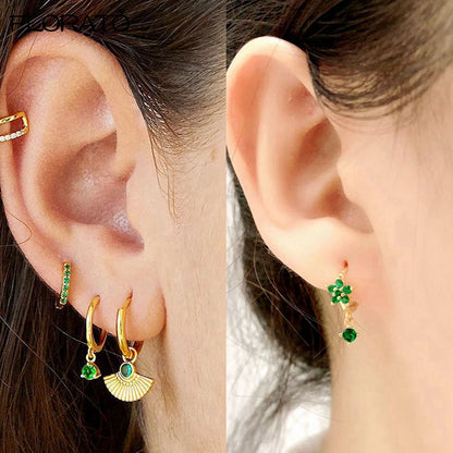 925 Sterling Silver Needle Luxury Green Zircon Pendant Earrings Trend Gold Color Small Hoop Earrings for Women Fashion Jewelry