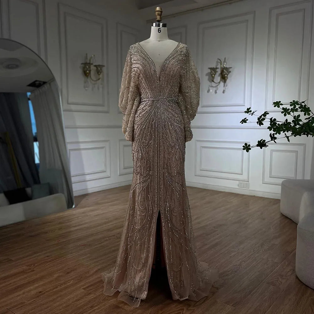 Serene Hill Arabic Gold Elegant Mermaid Black  Beaded Evening Dresses Gowns Diamond For Party 2025 LA72288A Customized